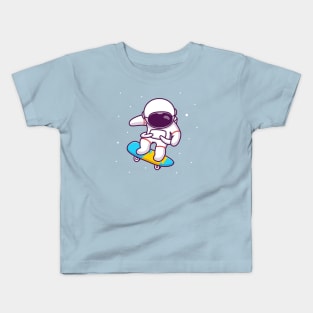 Cute Astronaut Playing Skateboard In Space Kids T-Shirt